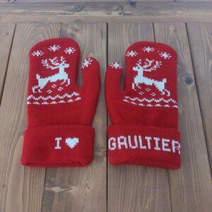 I ❤️ GAULTIER Red White Moufle Mittens Gloves Reindeer Christmas Holiday